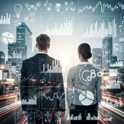 Double Exposure Image of Faceless Business Figures in Urban Landscape