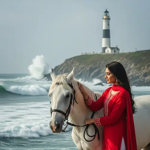 Captivating South Asian Woman Petting Majestic Horse by Ocean Waves