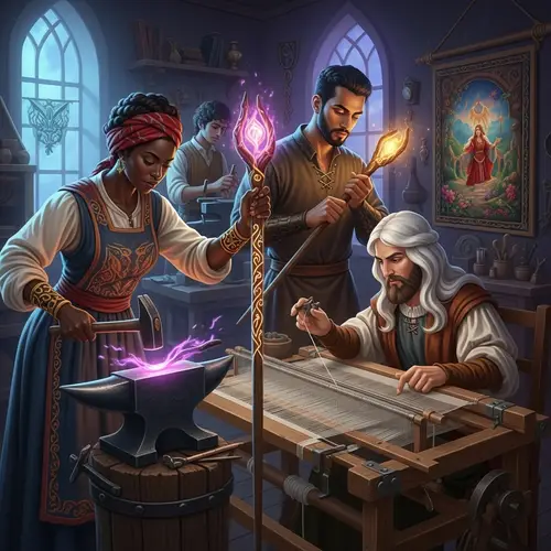 Creative Artisans Crafting Magic in Enchanted Workshop