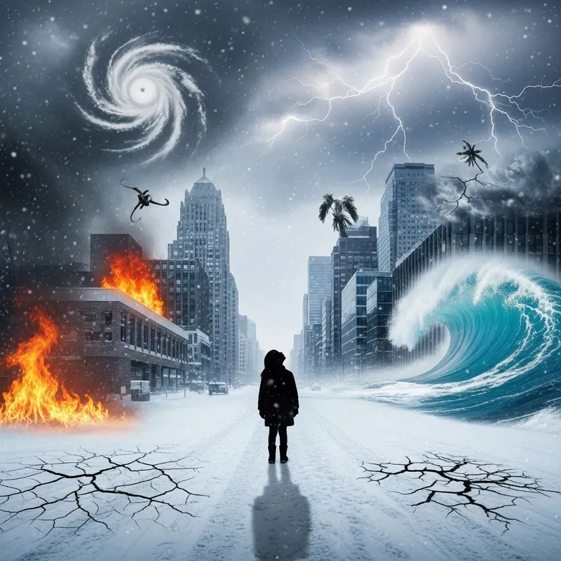 Surreal Winter Chaos: Child in Snowy City Scene