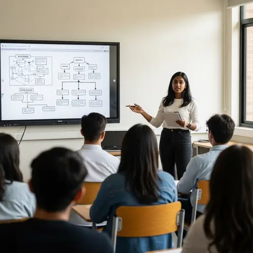 Confident South-Asian Female Student Presenting Project in Classroom