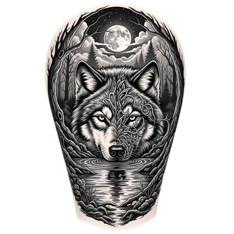 Intricate Black and White Wolf Tattoo Design with Moonlit Forest