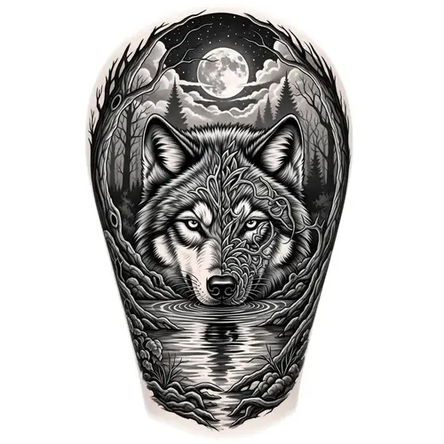 Detailed Black and White Wolf Tattoo Design with Forest Landscape and Moon