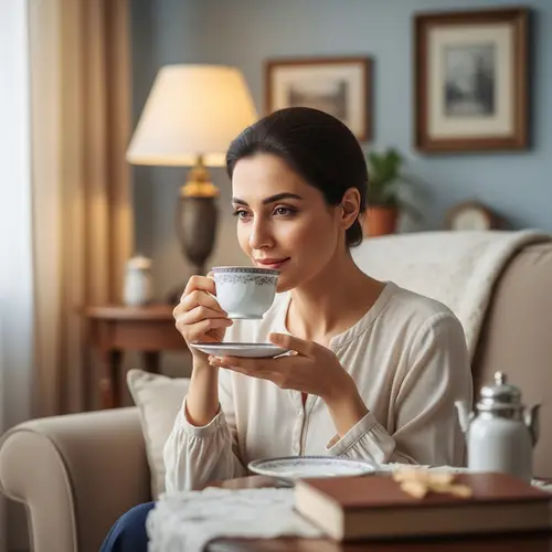Serene Middle-Eastern Mother Sipping Tea in Cozy Room