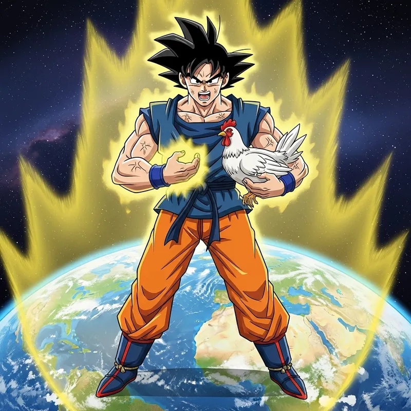 Muscular Cartoon Man Holding Chicken on Earth | Goku SEO
