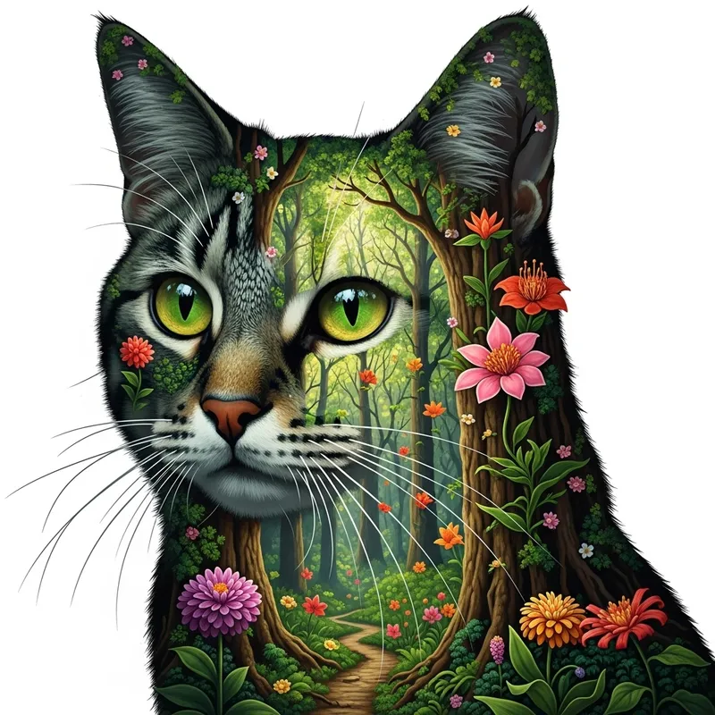 Exotic Flowers & Cat in Serene Forest Scene