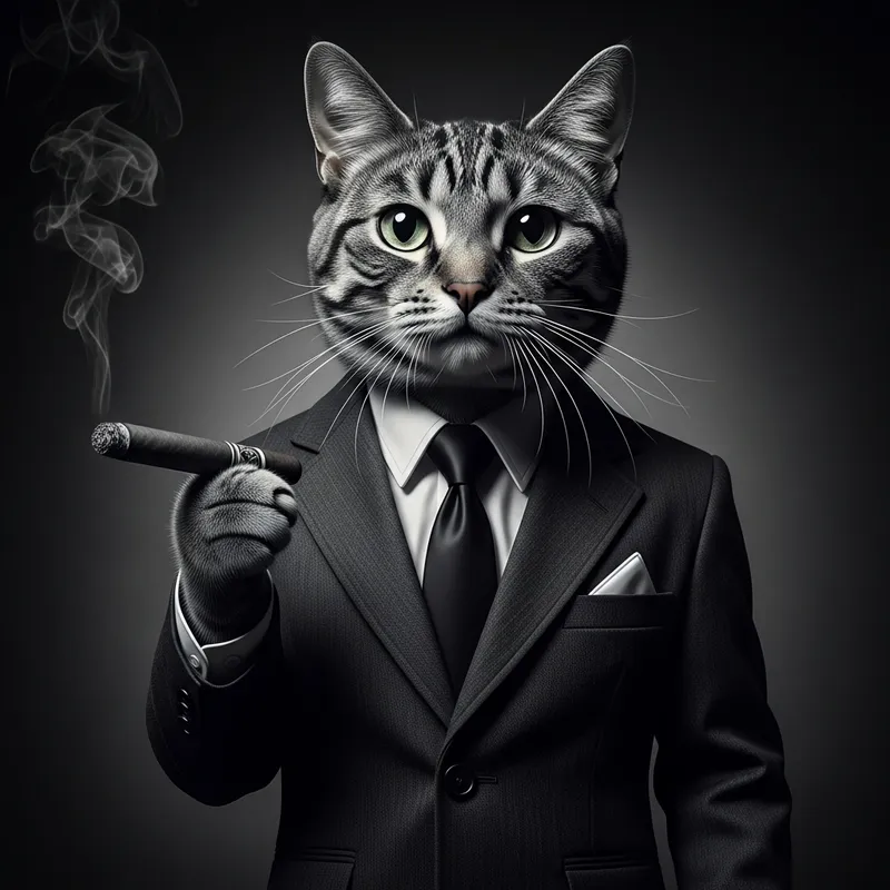 Suave Feline Noir: Vintage Crime Cat in Dapper Suit & Shadows