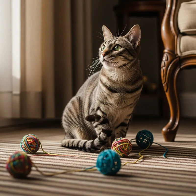 Adorable Cat Playing with Toys on Striped Carpet
