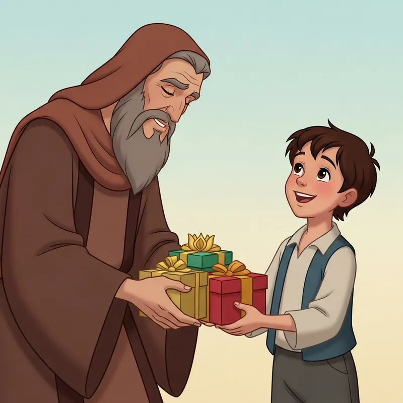 Joyful Giving: Spiritual Blessings Passed from Figure to Boy