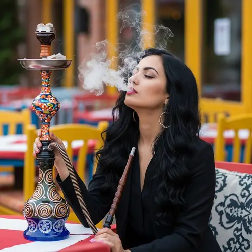 South Asian Woman with Stylish Shisha Pipe | Colorful Restaurant Setting