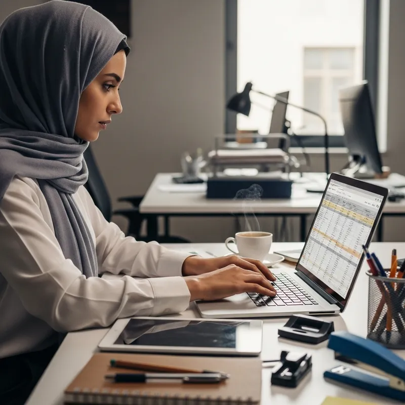 Dedicated Muslim Woman at Work Station in Modern Office Dedicated Muslim Woman at Work Station in Modern Office