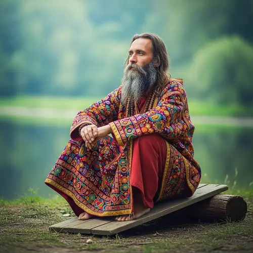 Caucasian Sadhu in Vibrant Robe | Contemplative Religious Ascetic