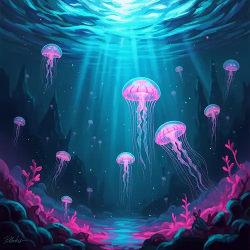 Surreal Underwater Landscape with Neon Jellyfish