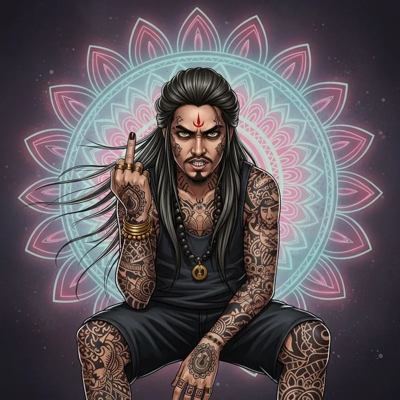 Rebellious Male with Intricate Tattoos and Flowing Hair