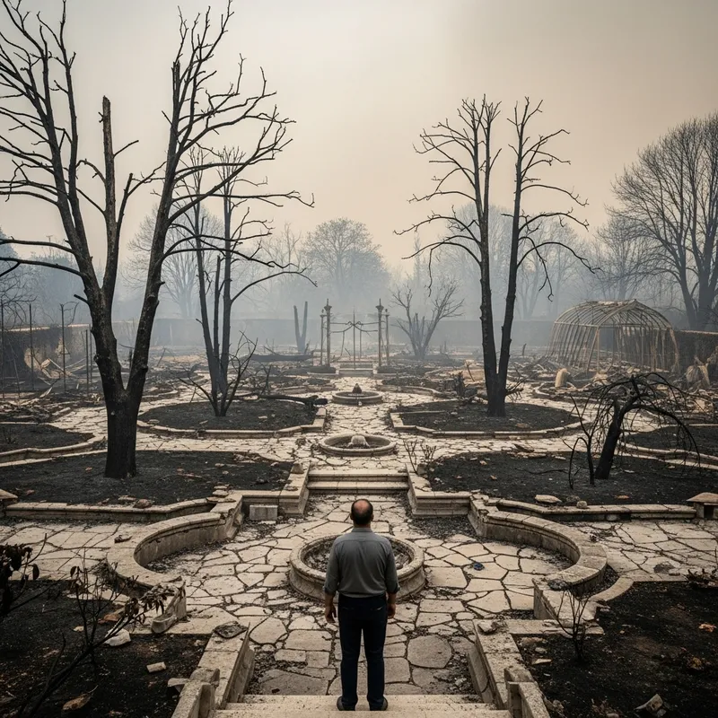 Man Observes His Destroyed Garden After Calamity