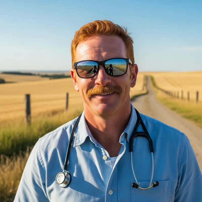Rural Doctor with Vibrant Red Hair and Sunglasses