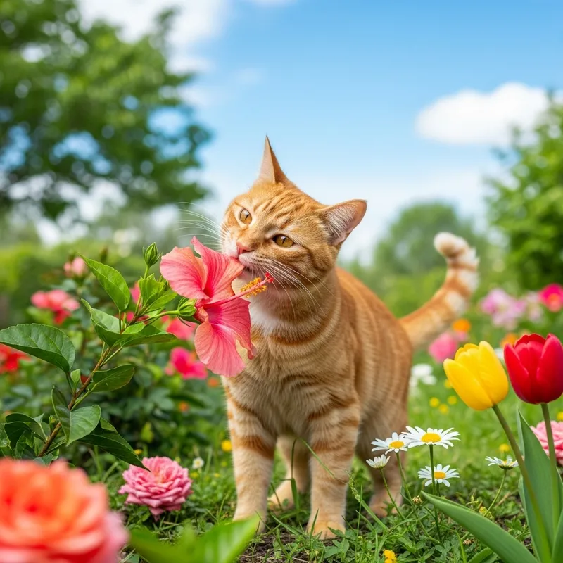 Ginger Cat Enjoying Garden with Flower 🌺