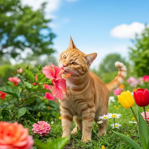 Playful Ginger Cat in Colorful Garden with Hibiscus Flower