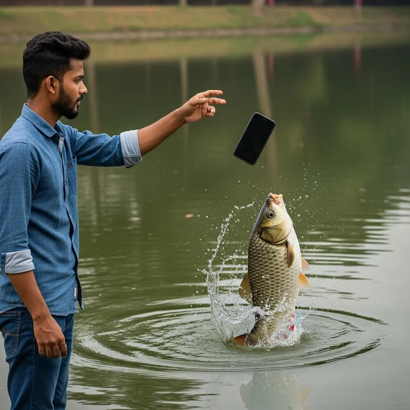 Man Catching Phone in Pond with Leaping Fish