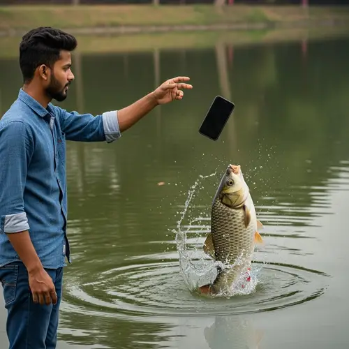 Man Catching Smartphone by Serene Water with Leaping Fish
