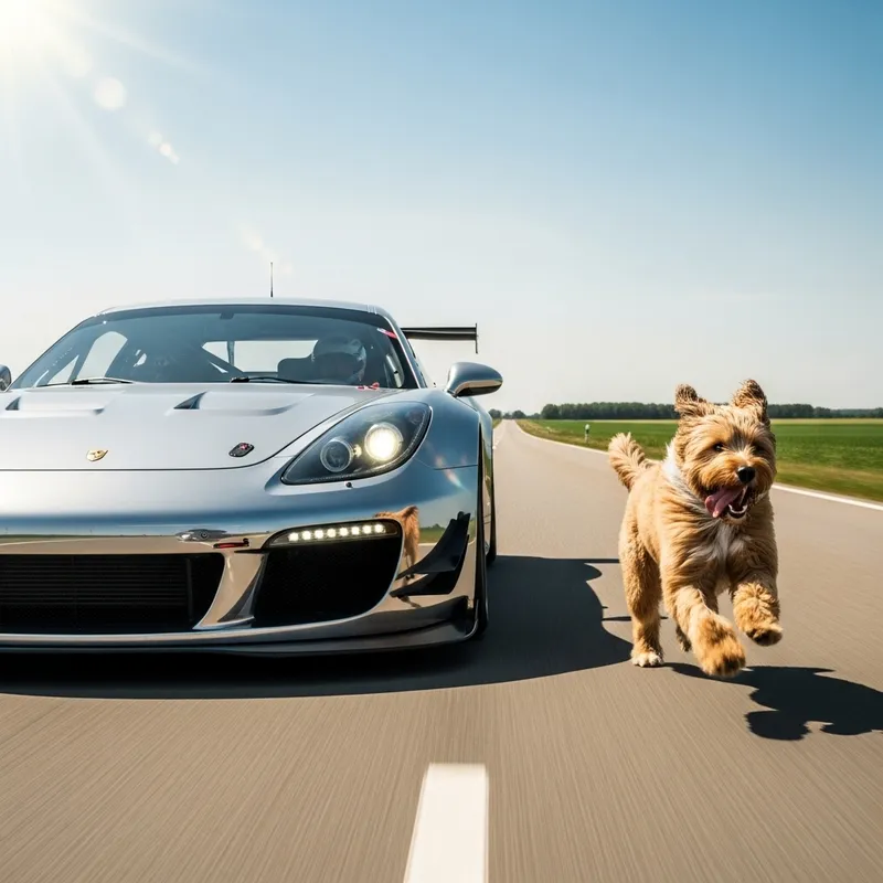 Vibrant Racing Car with Playful Dog: A Joyful Journey