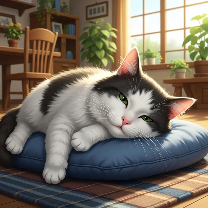 Quaint Scene of Sleepy Tuxedo Cat on Blue Cushion Quaint Scene of Sleepy Tuxedo Cat on Blue Cushion