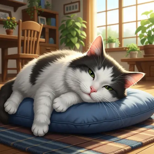Sleepy Tuxedo Cat Lounging on Blue Cushion | Homely Scene