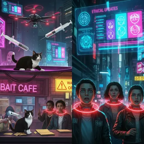 Cyberpunk Cat Café Chaos: A Futuristic Cityscape