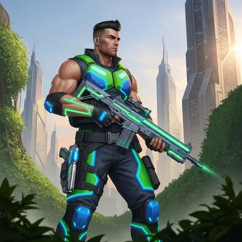 Maurice: Muscular Neon Outfit Character with High-Tech Weapons
