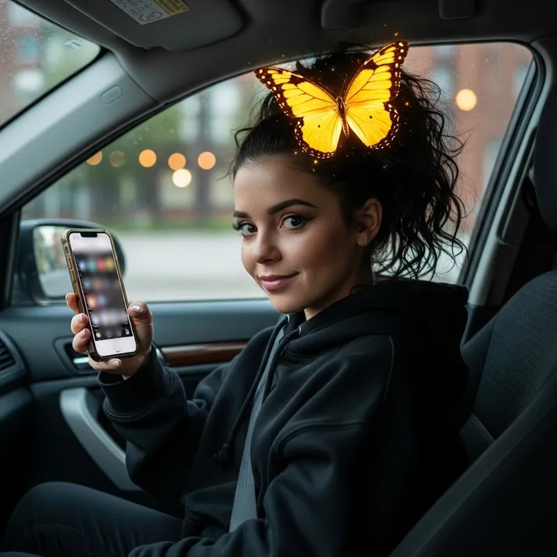 Ariana Grande Car Selfie with Yellow Butterfly Snapchat Filter