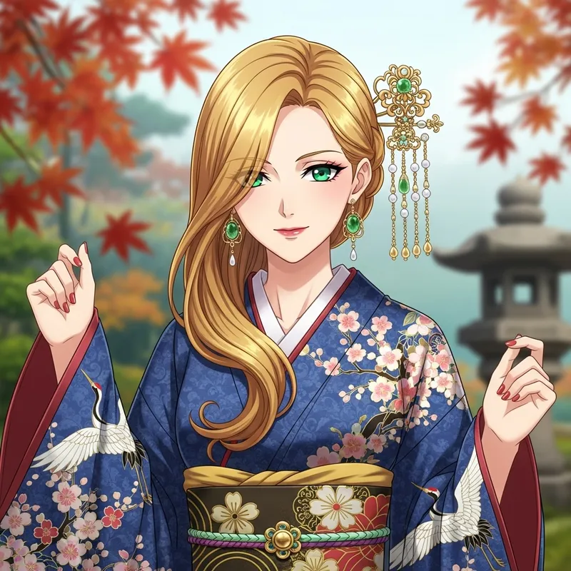 Anime Woman in Kimono with Golden Hair & Green Eyes Anime Woman in Kimono with Golden Hair & Green Eyes