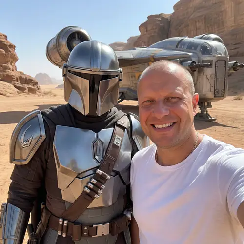 Epic Mandalorian Selfie in Desert Landscape
