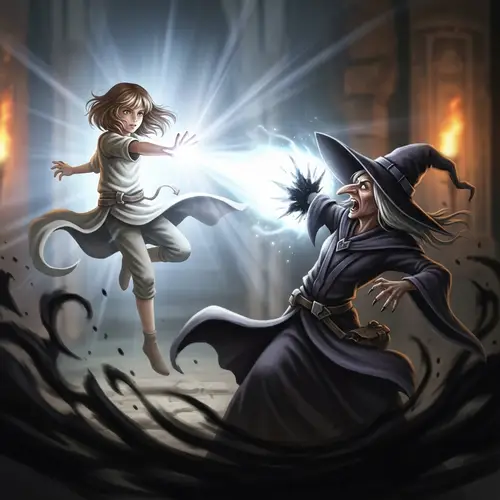 Young Girl Battles Witch in Ethereal White Light