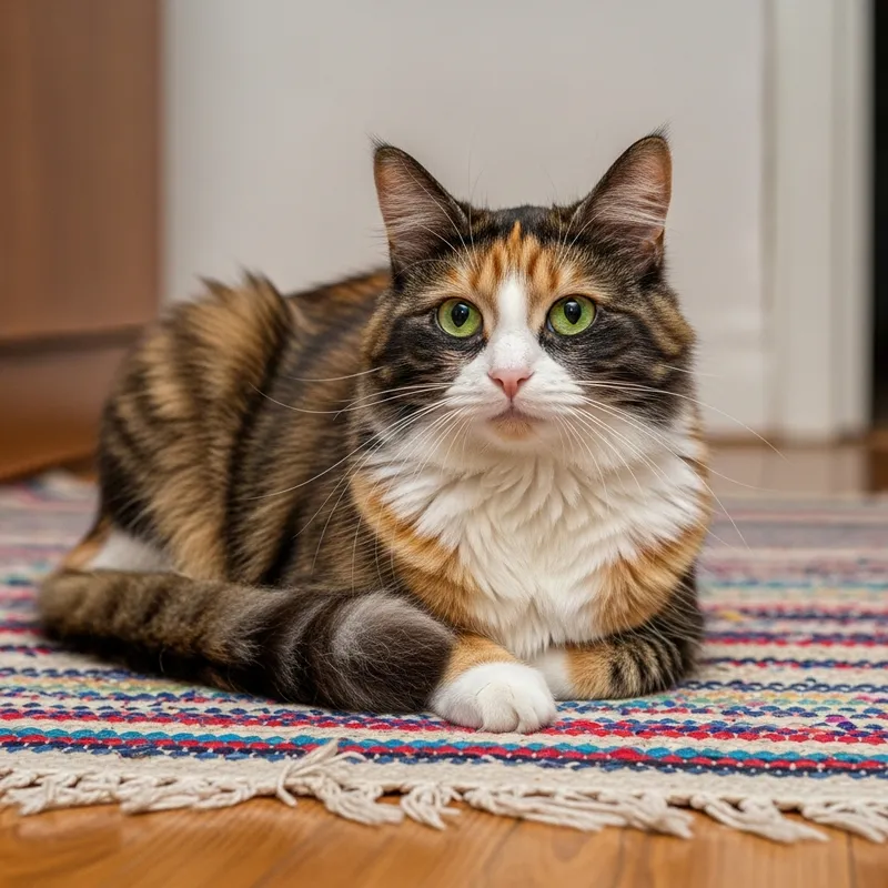 Adorable Calico Cat Resting on Vibrant Rug