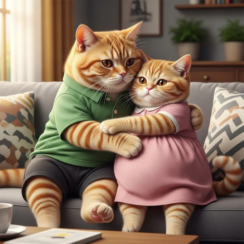 Realistic Portrayal of Pregnant Ginger British Shorthair Cats Embracing