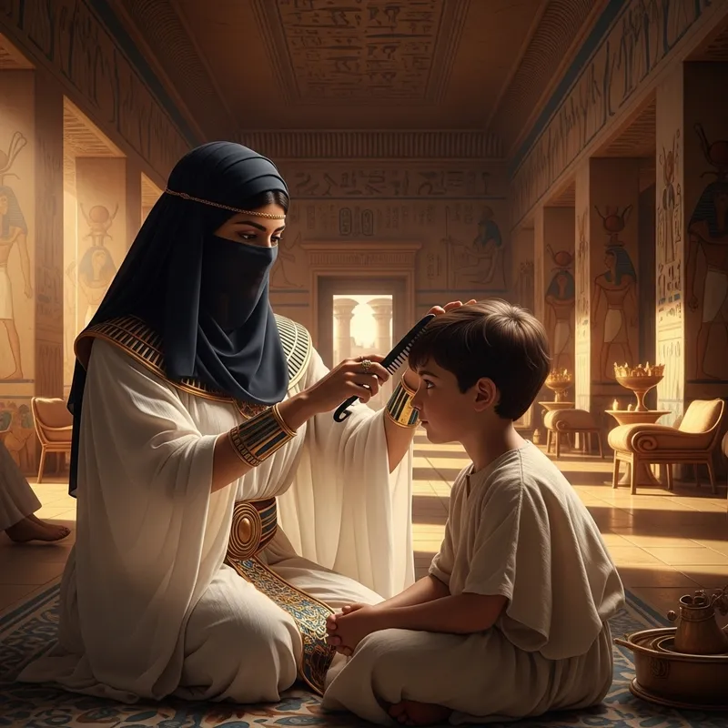 Veiled Woman Combing Pharaoh's Son Hair in Palace
