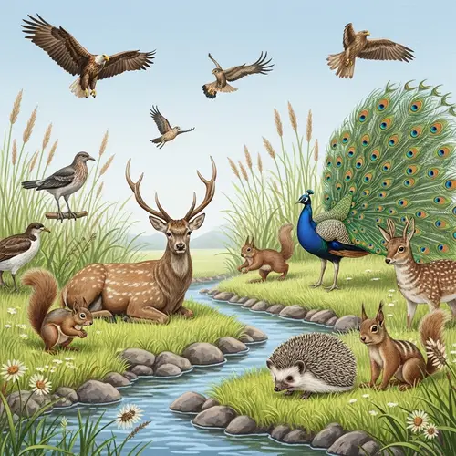 Diverse Wildlife Among Lush Green Plants - Serene Nature Scene