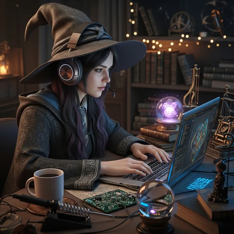 Realistic Wizard Girl with Tech Vibe Realistic Wizard Girl with Tech Vibe