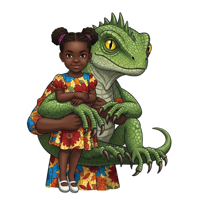 Black Girl Embraced by Enchanting Reptilian Guardian