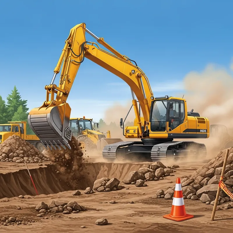 Excavator in Action on Road Construction