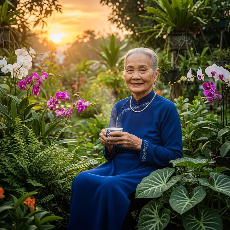Painting of my Mother Savoring Tea in Garden