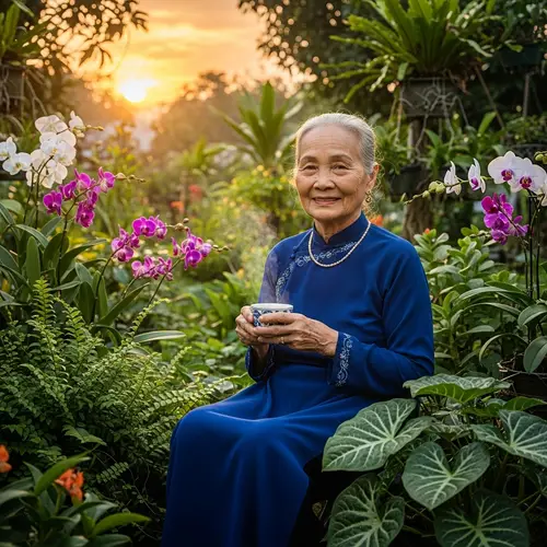 Tranquil Moment: Vietnamese Woman in Blue Áo Dài Savoring Tea in Garden