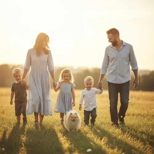 Impressionist Family Scene in Sunlit Field with Pomeranian Dog