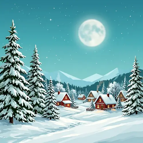 Tranquil Winter Scene with Moon and Snow-Capped Pine Trees
