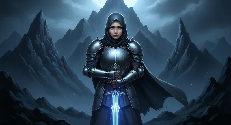 Brave Malay Teen Hijab Warrior with Glowing Blue Sword | Mountain Adventure