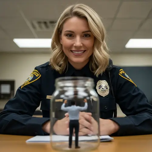 Cinematic Perspective of a Smirking Blonde Student Policewoman