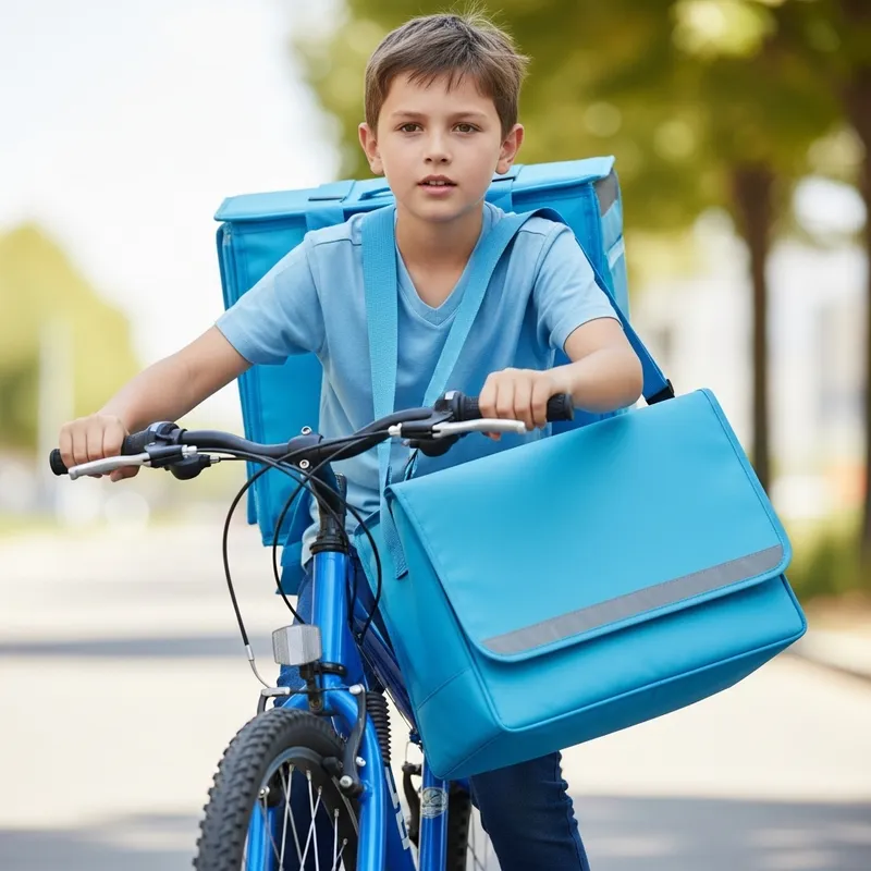 Cute Boy Cycling with Light Blue Delivery Bag