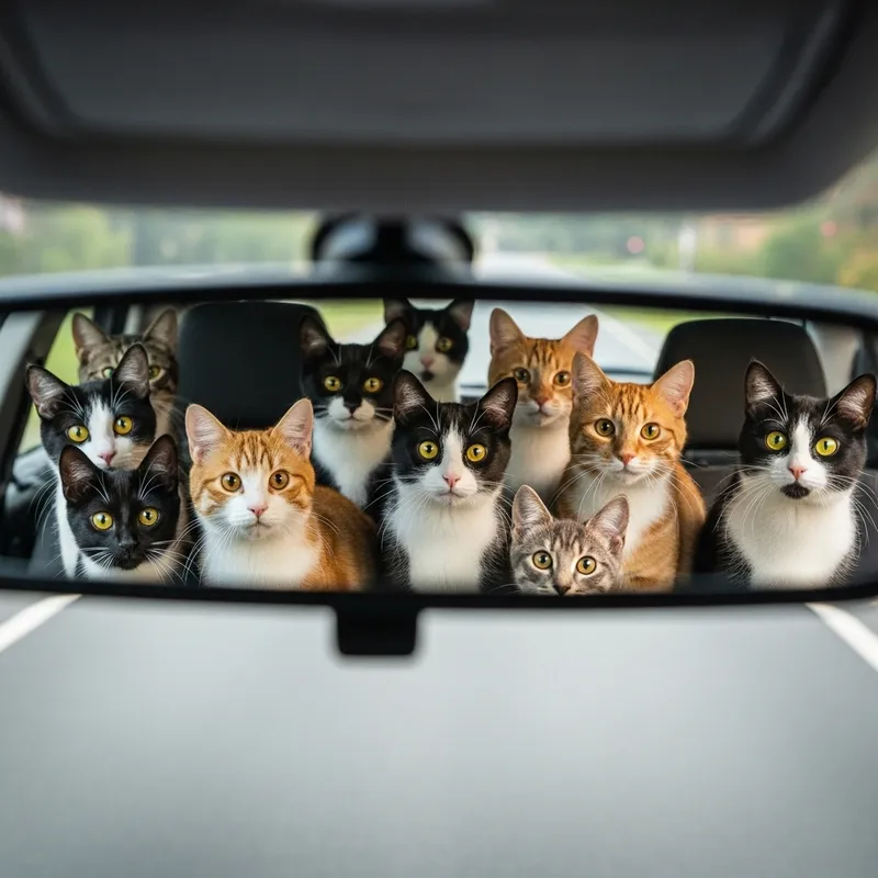 Group of Colorful Cats in Car Mirror | Furry Feline Gathering