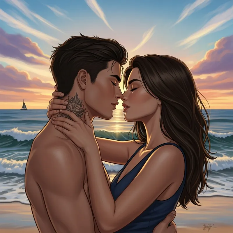 Realistic Beach Kiss Scene | Dark-Haired Man with Tattoo and Brunette Woman Embrace