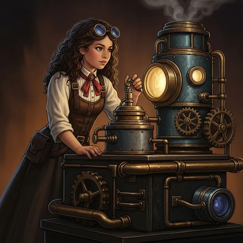 Inspiring Steampunk Adventure: Young Girl Operates Magnificent Steam Machine
